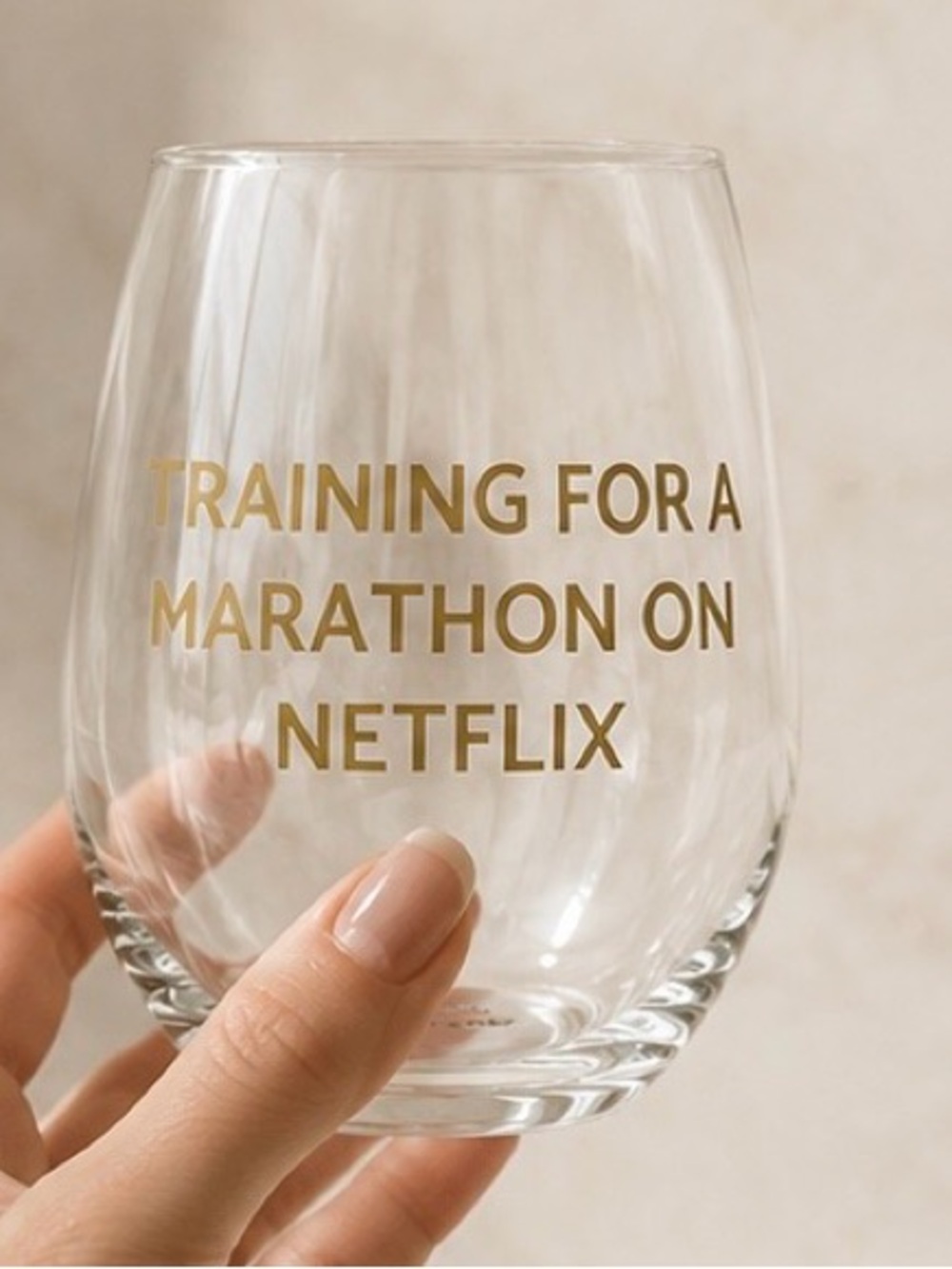 Stemless Wine Glass - “Training for a Marathon on Netflix” NEW IN BOX.